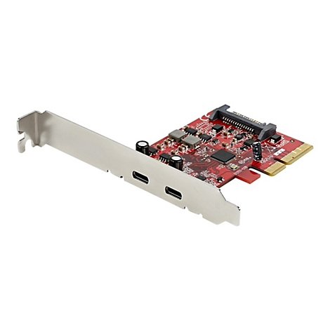Une carte PCIE rouge et noire avec ports USB-C et composants électroniques. Inscription "ROHS".