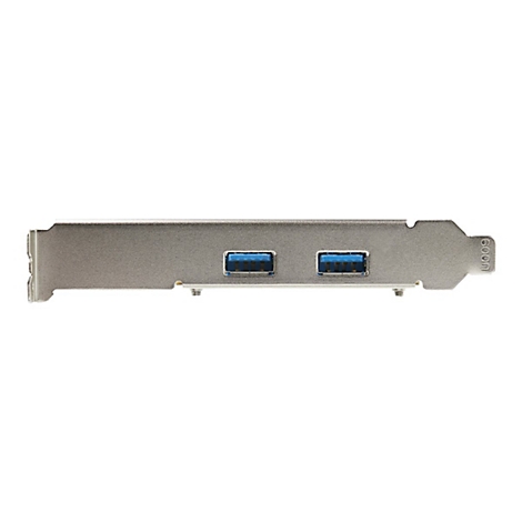 Carte d'extension USB argentée avec deux ports USB bleus. Le fond est blanc.