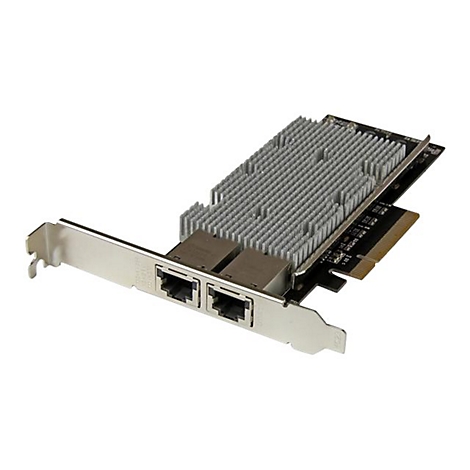 Carte rÃ©seau avec deux connecteurs RJ45, ailettes de refroidissement et support mÃ©tallique sur fond blanc.