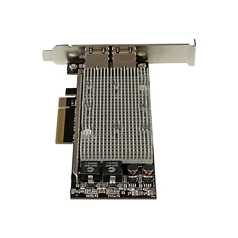 Une carte rÃ©seau informatique avec un dissipateur thermique argentÃ© sur fond blanc.