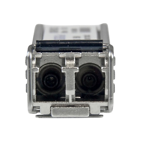 Nahaufnahme eines silberfarbenen Netzwerkmoduls mit zwei dunklen, runden Anschlüssen.