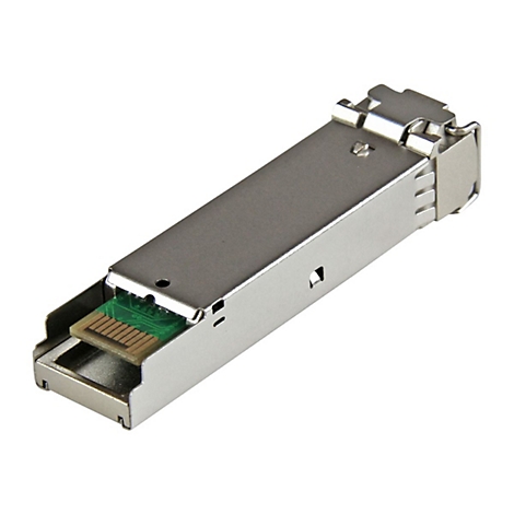 Ein silbernes SFP-Modul mit grüner Platine und goldenen Kontakten.
