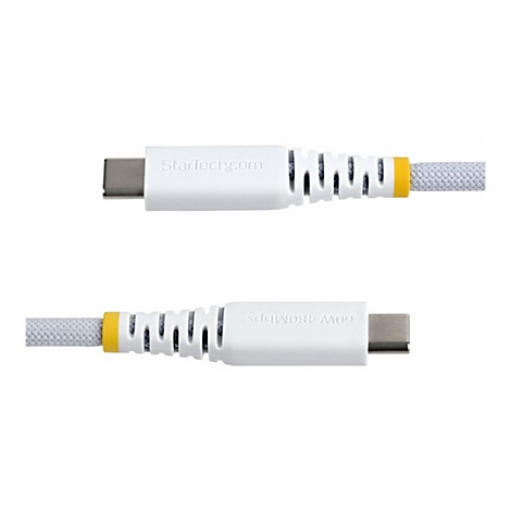 Deux câbles USB-C blancs, logo StarTech, accents jaunes et gaine tressée grise.