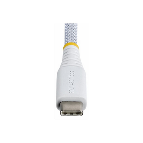 Câble USB-C, câble blanc avec texture grise, anneau jaune et connecteur blanc avec l'inscription "60W 480Mbps".