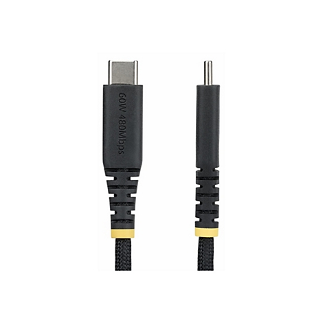 Un câble USB-C noir avec l'inscription 60W 480Mbps, à gauche. Une prise ronde à droite.