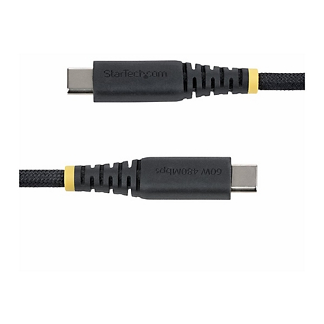 Deux câbles USB-C noirs ; étiquetés "StarTech.com" et "60W 480mbps".