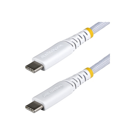 Deux câbles USB-C blancs ; étiquette Startech.com, 60W 480Mbps ; accents jaunes.