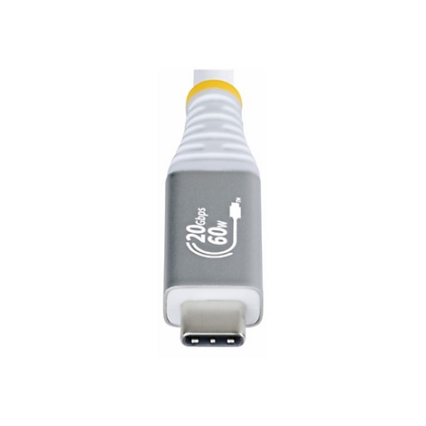 Gros plan sur un câble USB-C. Le connecteur est gris avec des accents argentés, une bande jaune et le texte : 20 Gbit/s 60 W.