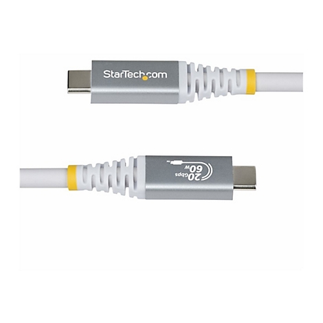 Deux câbles USB-C, gris et blanc. Le connecteur indique "StarTech.com" et des spécifications techniques.
