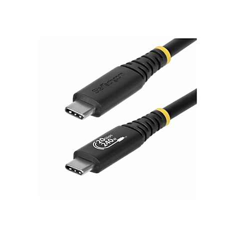 Deux câbles USB-C noirs, avec des accents jaunes, sur fond blanc. L'un affiche le logo StarTech.com, l'autre 20 Gbit/s et 240 W.