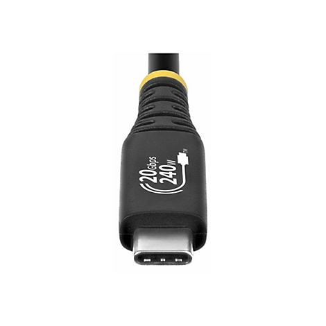 Gros plan d'un câble USB-C noir avec des accents jaunes, supportant 20 Gbit/s et 240W.