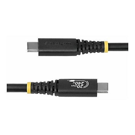 Deux câbles USB-C noirs, vue détaillée. Un câble porte la mention StarTech.com, l'autre 20 Gbit/s 240W.