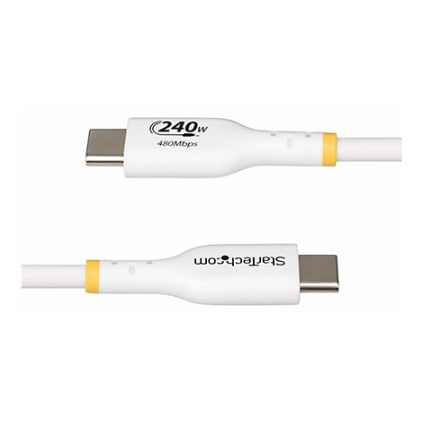 Câble USB-C blanc avec des accents jaunes et des lettres noires.