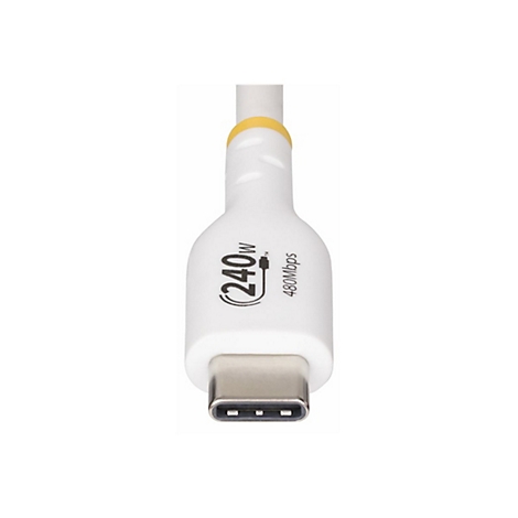 Gros plan d'un câble USB-C blanc avec un anneau jaune et les marquages : 240W, 480Mbps.