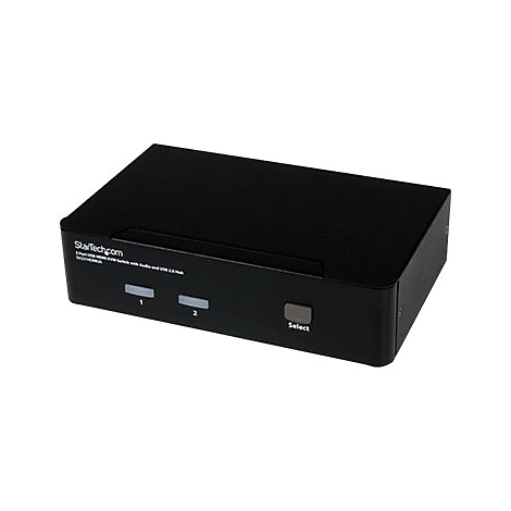 Commutateur KVM noir avec trois boutons : 1, 2, SÃ©lectionner. Logo StarTech.com et dÃ©signation du produit en haut.
