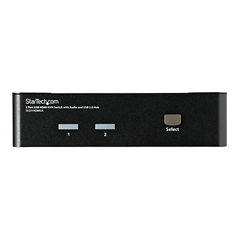 Commutateur HDMI noir avec boutons de commande et texte.