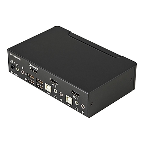 Commutateur KVM noir avec ports HDMI, USB et audio. Inscriptions : CONSOLE, PC1 et PC2.
