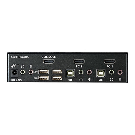 Appareil noir avec divers ports : HDMI, USB, audio. Ã‰tiquetage : Console, PC1, PC2, SV231HDMIUA, DC 9-12V.