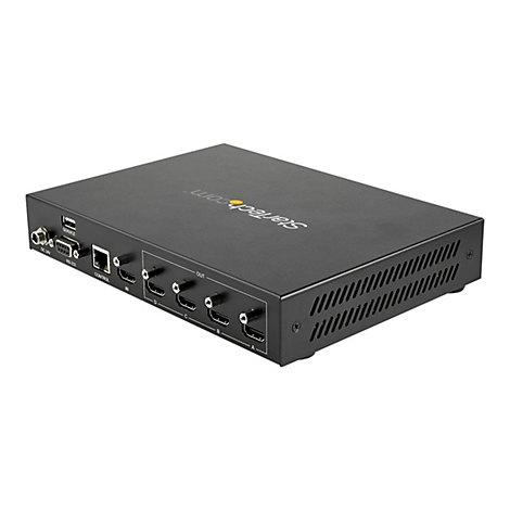 Commutateur HDMI noir avec entrées, sorties et connexions. Le commutateur porte le logo Startech.com et des étiquettes pour les ports.