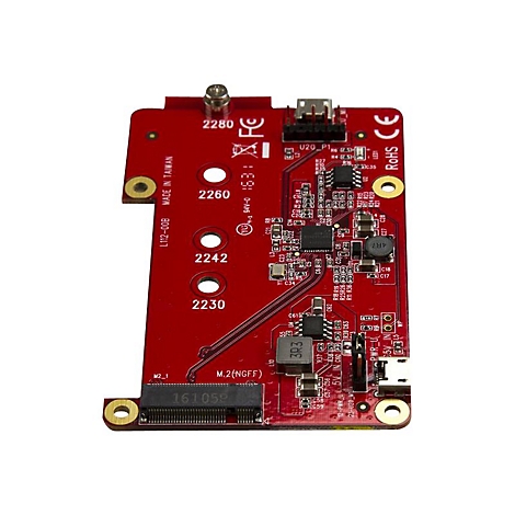 Une carte de circuit imprimé rouge avec de nombreux composants électroniques et connecteurs. Le texte indique : MADE IN TAIWAN, ROHS CE.