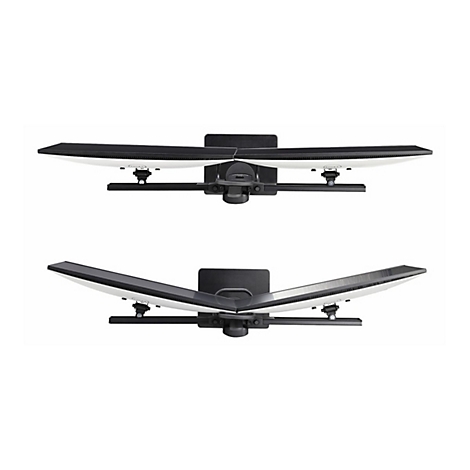 Deux écrans incurvés, vue plongeante. Cadres noirs avec écran blanc, fixés à un support.