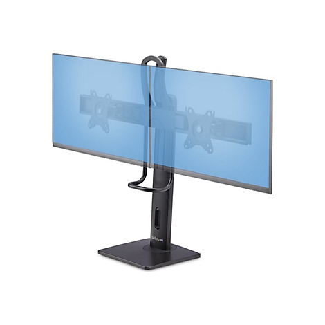Un support de moniteur double noir avec deux supports et un arrière-plan d'écran bleu sur fond blanc. Le support a une base avec l'inscription "StarTech.com".