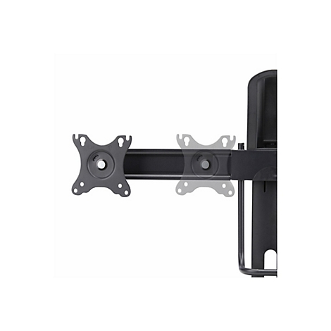 Ein schwarzer Monitorhalter vor weißem Hintergrund. Die Halterung hat zwei Halteplatten für Monitore, die an einem horizontalen Arm befestigt sind. Der Arm ist an einer vertikalen Säule befestigt.