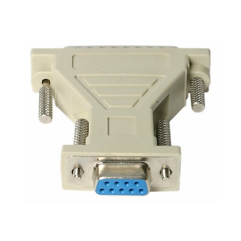 Hellbeige D-Sub-Adapter mit Schrauben. Blauer Stecker mit neun Pins.