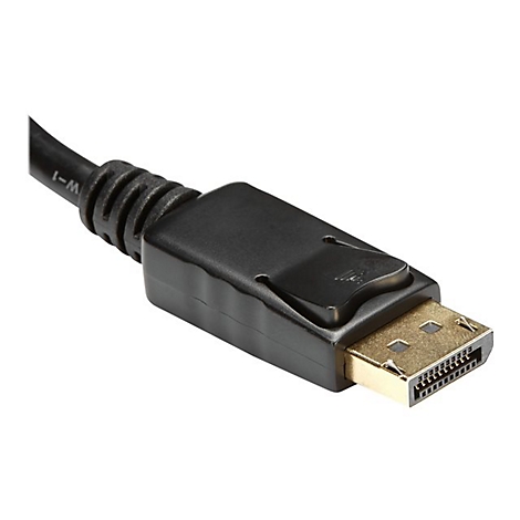 Nahaufnahme eines DisplayPort-Steckers mit schwarzem GehÃ¤use und vergoldeten Kontakten.