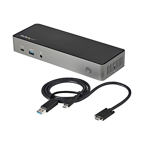 Station d'accueil grise et noire avec cÃ¢bles. Ports, USB-A et USB-C. Logo StarTech.com.