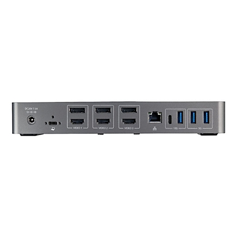 Station d'accueil grise avec divers ports, tels que HDMI, USB et Ethernet, sur fond blanc.