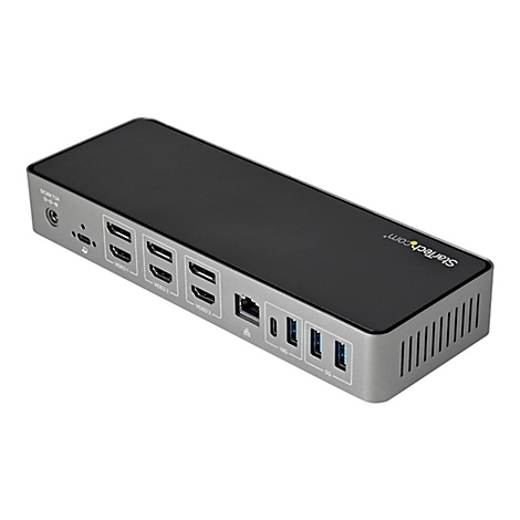 Station d'accueil grise avec dessus noir, nombreux ports, marque StarTech.com.