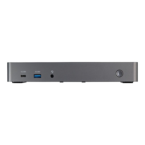 Station d'accueil grise avec ports USB, audio et alimentation. Sur fond blanc.