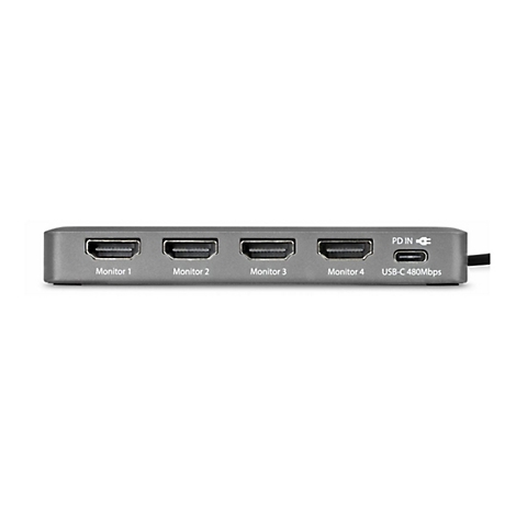 Grauer Adapter mit vier HDMI-Anschlüssen. Beschriftungen: Monitor 1 bis 4, PD IN, USB-C 480Mbps.