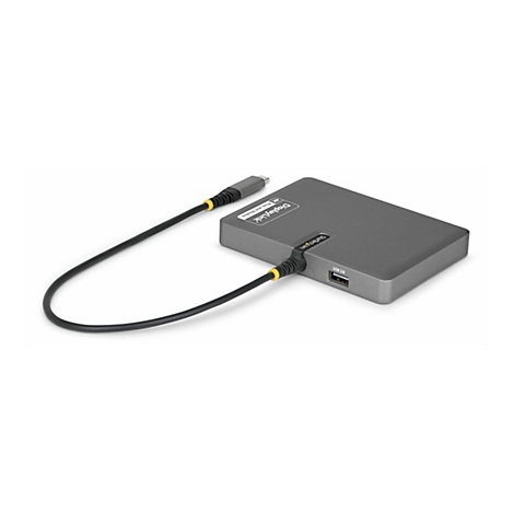 Grauer DisplayLink-Adapter mit angeschlossenem Kabel, USB-Anschluss, StarTech.com-Logo.