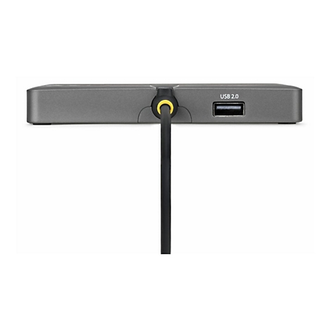 Grauer, rechteckiger Festplattenspeicher mit USB 2.0 Anschluss. Schwarzes Kabel mit gelbem Stecker ist angeschlossen.