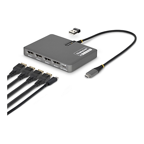 Grauer DisplayLink-Adapter mit angeschlossenen Kabeln und USB-C-Anschluss, umgeben von einem weißen Hintergrund.