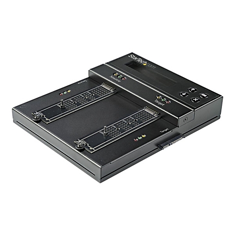 Station d'accueil externe noir pour disque dur avec la marque StarTech.com et des indicateurs pour Source et Cible, ainsi que des boutons et des ports.