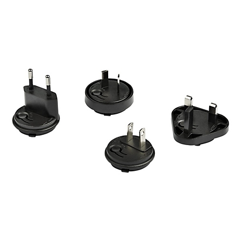 Vier schwarze Netzstecker mit verschiedenen Anschlussformen. Sie stehen auf weiÃŸem Hintergrund.