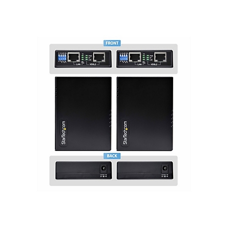 Draufsicht auf zwei schwarze VDSL2-Modems. Oben sind die Vorderseiten mit Anschlüssen und Anzeigen, darunter die Gehäuse und unten die Rückseiten mit Stromanschlüssen zu sehen. Das Logo von StarTech.com ist auf den Gehäusen abgebildet.