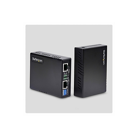 Zwei schwarze StarTech.com Netzwerkgeräte auf grauem Hintergrund. Das linke Gerät hat Anschlüsse und Beschriftungen, das rechte hat das Logo.