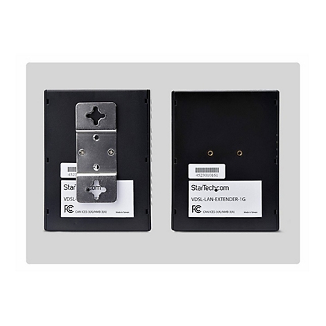 Zwei schwarze VDSL-LAN-Extender, einer mit Halterung, zeigen Logos von StarTech.com. Aufkleber zeigen Produktnamen und Spezifikationen.