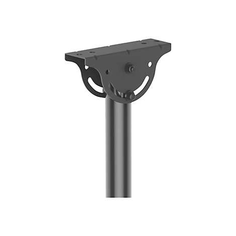 Ein schwarzer, metallischer Halterung. Oben eine Platte mit Löchern, darunter ein runder Halter, darunter ein Rohr.