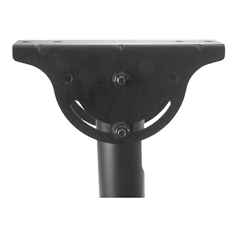 Schwarzes Metallteil mit Schrauben, bogenförmigen Aussparungen und zylindrischem Ansatz.