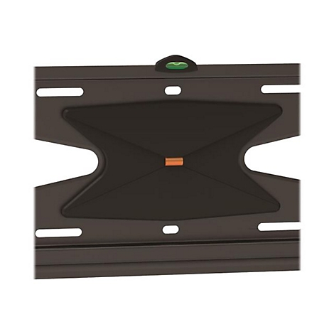 Schwarze TV-Wandhalterung mit integrierter Wasserwaage, detailreiche Nahaufnahme.