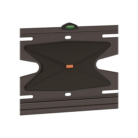 Nahaufnahme einer schwarzen TV-Halterung mit einer Wasserwaage.