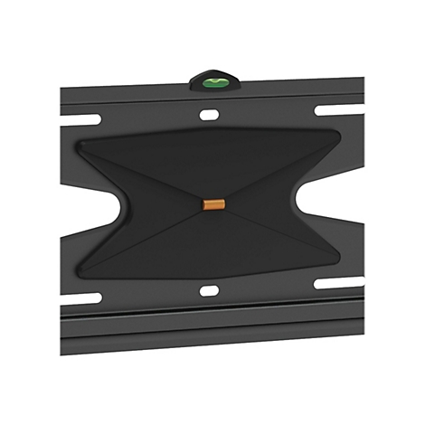 Nahaufnahme einer schwarzen TV-Halterung, mit Wasserwaage und einer dekorativen, x-förmigen Mitte.