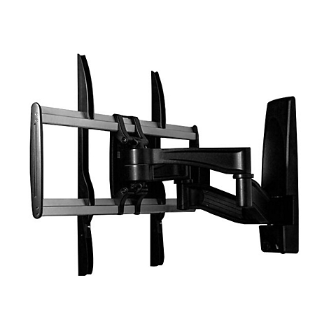 Schwenkbare TV-Halterung, silberne Arme, schwarze Gelenke und Wandhalterung, freigestellt.