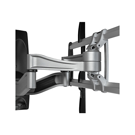 Ein silberner TV-Wandhalterung, detailliert dargestellt. Verschiedene Gelenke und Halterungen sind erkennbar.