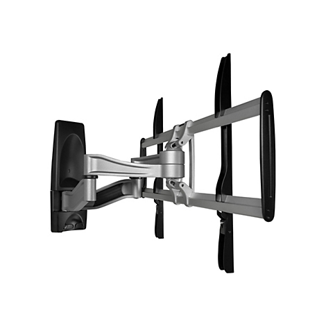 Wandhalterung für Fernseher, silberfarben, mit schwarzer Halterung auf weißem Hintergrund.